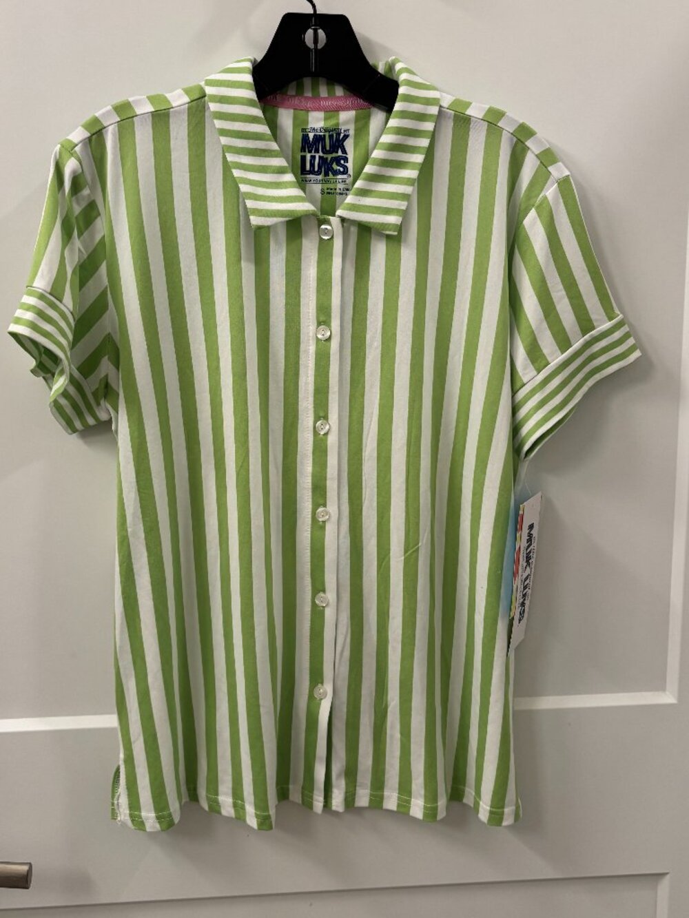 MUK LUKS Women’s Cloud Knit Collared Top – Kiwi Stripe – Size Small – NWT